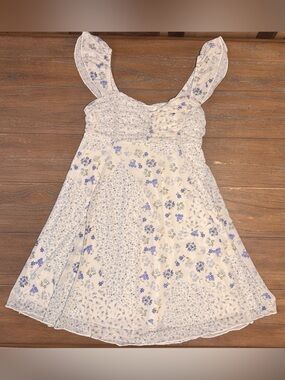 Cream Floral Ruffled Strap Mini Dress in Blue and Green #117